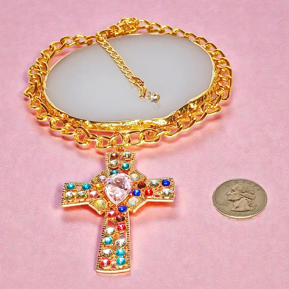 Chunky Jewel Tone Echanted Choker Necklace Cross Charm Modern Retro Glam Bling